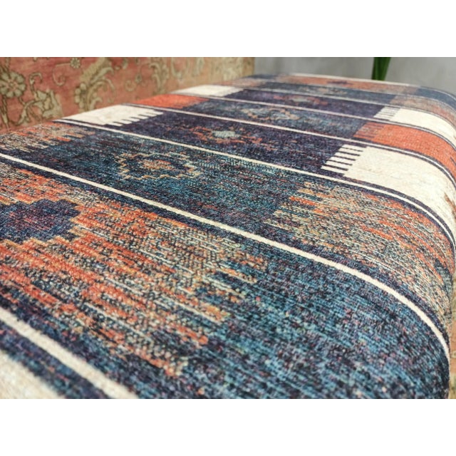 Handmade Turkish Printed Rug Fabric Upholstered Vanity Bench For Sale In Raleigh - Image 6 of 10