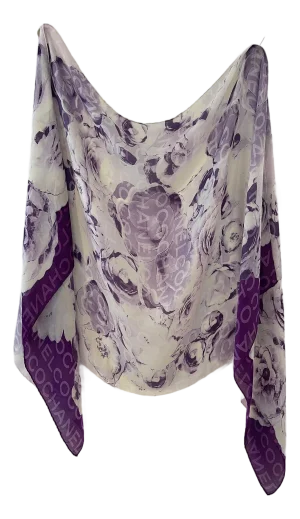 1990s Chanel Purple and White Camélia Mousseline Silk