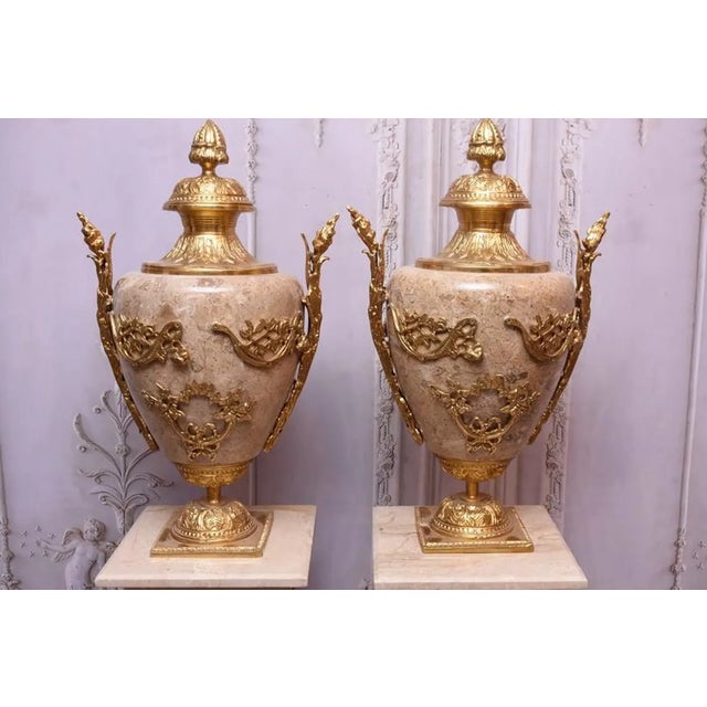 Pair of Large Neoclassical Beige Marble and Ormolu Bronze Urn Amphorae With Matching Pedestals For Sale - Image 9 of 16