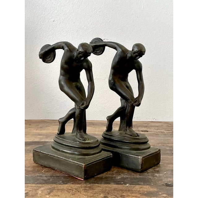 Vintage Patinated Cast Brass Disc Thrower Bookends - A Pair For Sale - Image 10 of 12