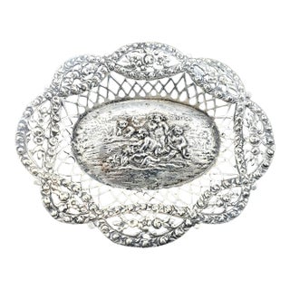 Antique 1910s Austrian 800 Silver Repoussé Tray With Cherubs & Openwork Floral Border For Sale