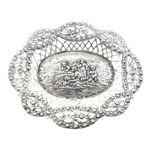 Antique 1910s Austrian 800 Silver Repoussé Tray With Cherubs & Openwork Floral Border For Sale