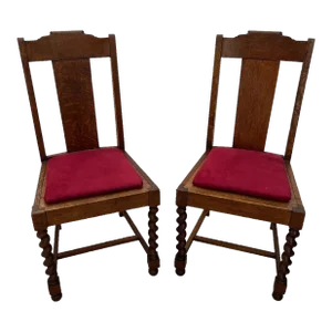 Early 20th Century Antique Side Chairs with Barley Twist Legs, Tiger Oak Back, Red Felt Seat- Set of 2