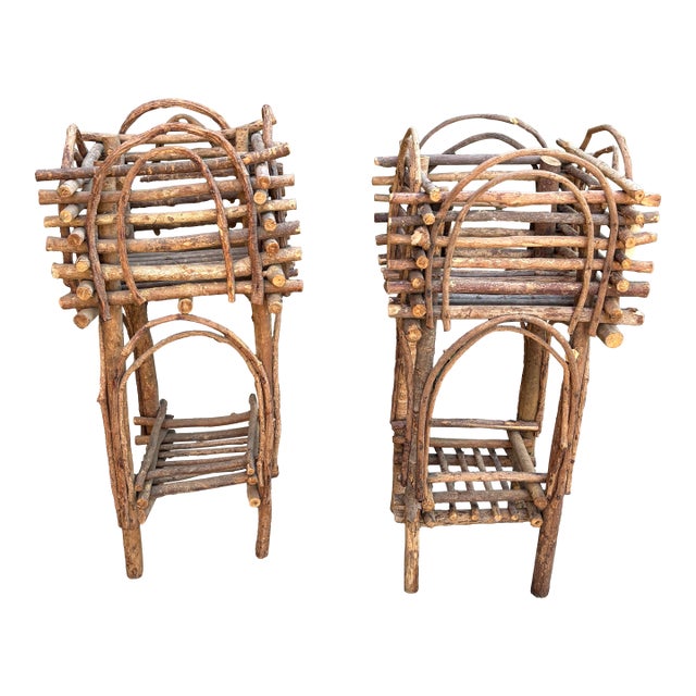 Bentwood Plant Stand, Vintage Handmade With Willow Folk Art (2) Two-Tier Rustic Twig For Sale