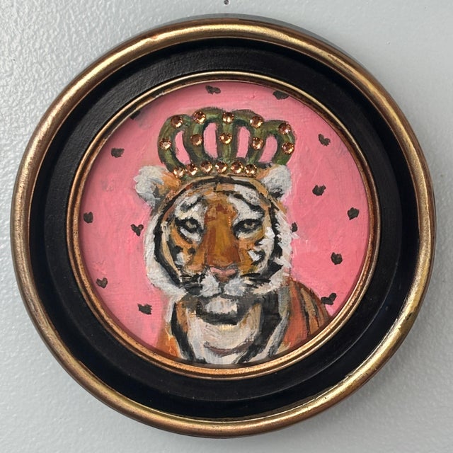 Love Fiercely an Original Framed Round Painting of a Crowned Bengal Tiger by Michelle Heimann. For Sale - Image 4 of 4