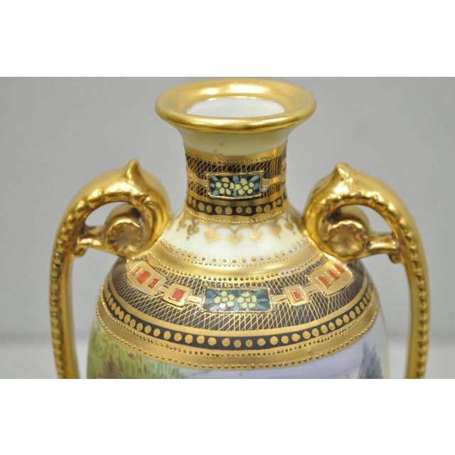 Antique Nippon Hand Painted Twin Handled Gold Gilt Lake & Swan Scene Bolted Vase For Sale - Image 4 of 17