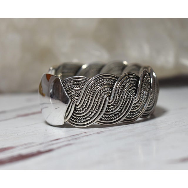 Modern Late 20th Century Wide Woven Flexible Sterling Silver Cuff Bracelet For Sale - Image 3 of 17