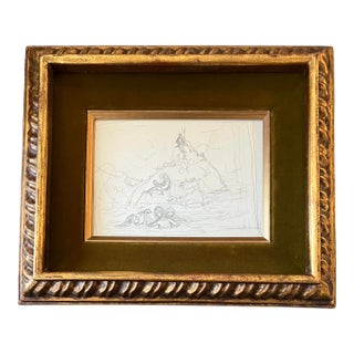 1950’s Original Surreal Poseidon Drawing Vintage Frame For Sale