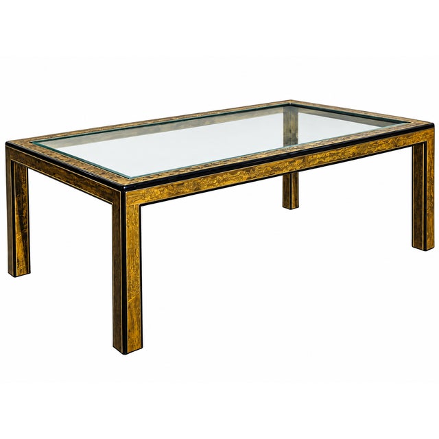 Mid-Century Modern Vintage Bernhard Rohne for Mastercraft Acid-Etched Brass, Black Lacquer & Beveled Glass Dining Table, Circa 1970s For Sale - Image 3 of 12