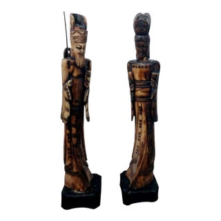 Early 20th Century Chinese Ox Bone Figures, Jiang Taigong & Guanyin - a Pair For Sale