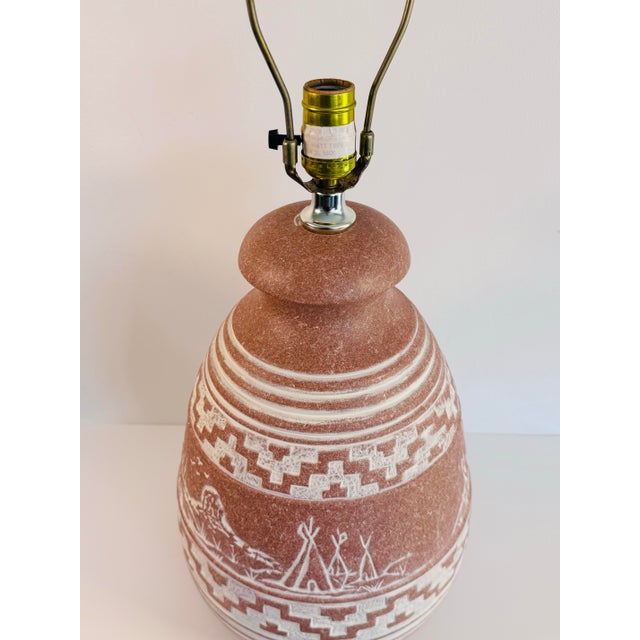 Orange Vintage 1980s Southwestern-Style Terracotta Pottery Base W/ Teepee & Mountains Table Lamp For Sale - Image 8 of 10