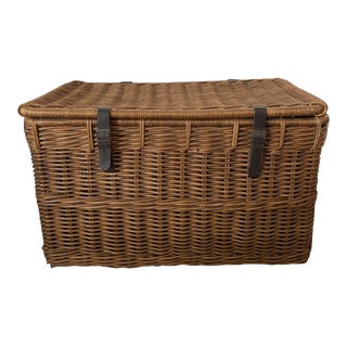 Vintage Rustic European Wicker Rattan & Leather Trunk For Sale