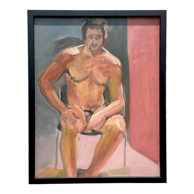 Vintage Boho Original Male Nude Painting on Canvas For Sale