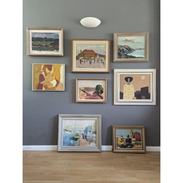 Mid-Century Modern 'The Net Menders' Vintage Original Figurative Coastal Landscape Oil Painting, Framed For Sale - Image 11 of 11