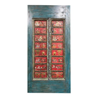 1930s Boho Indian Painted Ganesha Door, Teal Red Painted Ganesh Art For Sale