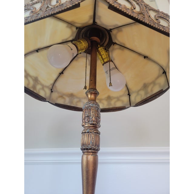 Antique Rainau Tudor Revival Bronze & Slag Glass Table Lamp, C. 1925–1935 For Sale - Image 9 of 9