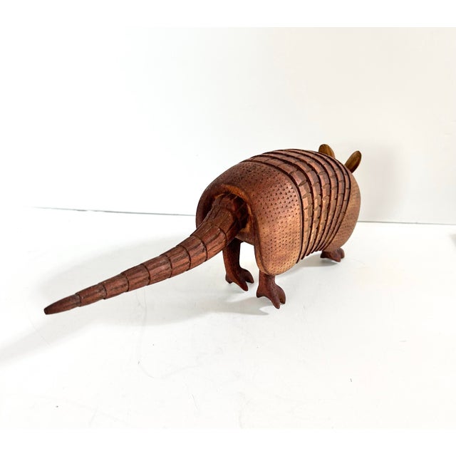 Rustic Vintage Hand-Carved Wooden Armadillo Sculpture – Signed Folk Art Figure 1991 – Articulated Accordion Body For Sale - Image 3 of 12