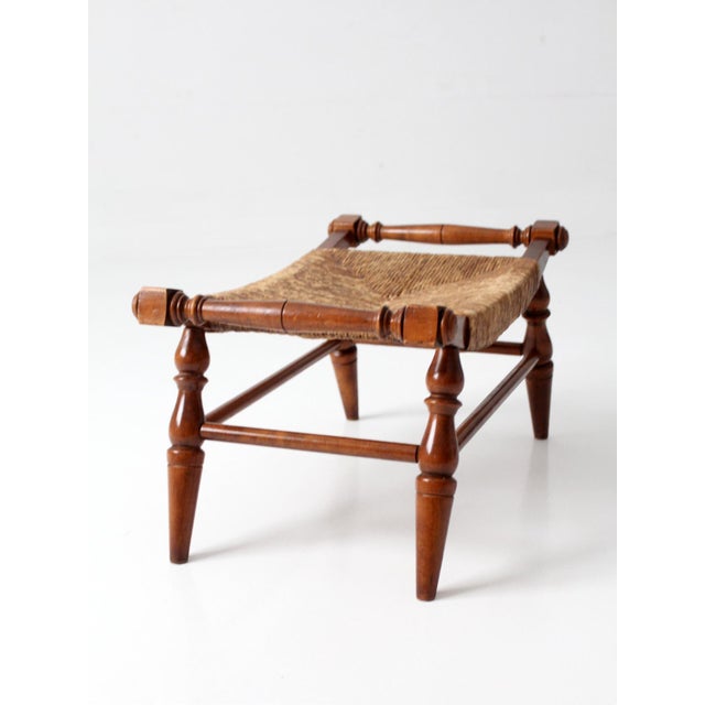 Vintage Early American Rush Seat Bench Stool For Sale - Image 14 of 17