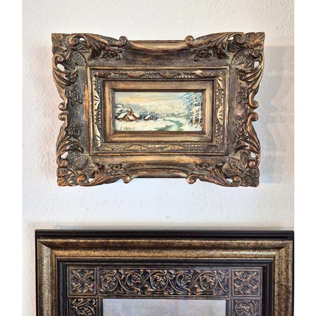 Traditional Vintage Oil Painting Detailed Winter Landscape Small Artwork Framed For Sale - Image 3 of 8