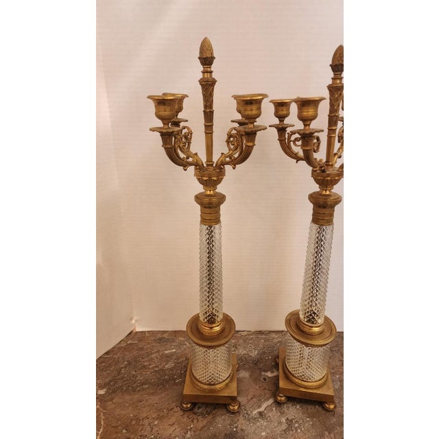 Traditional Pair of Early 20th Century Empire Style Bronze and Crystal Candelabra For Sale - Image 3 of 9