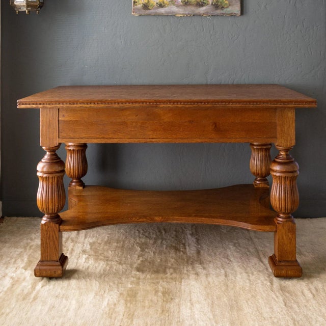 19th Century Jacobean Revival Tiger Oak Library Table or Center Table With Drawers For Sale - Image 11 of 18