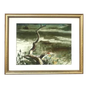 Vintage American Impressionist Watercolor Painting of a Lake by Harry Barton