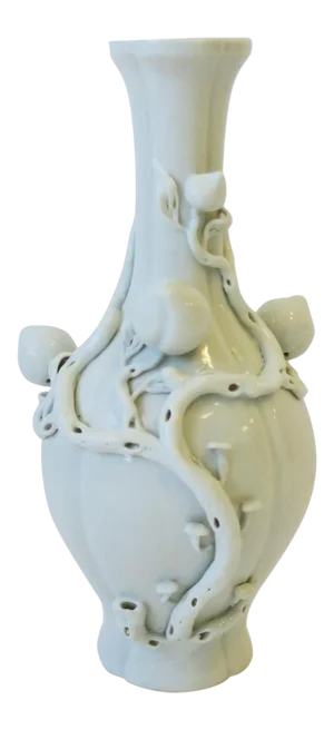 Blanc De Chine White Chinoiserie Porcelain Fruit, Leaves & Vines Vase