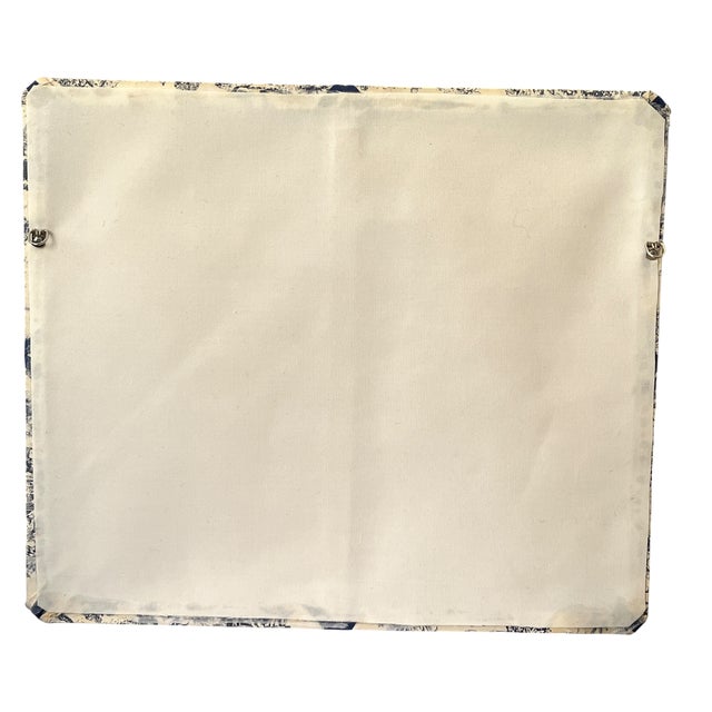 White Custom Upholstered Blue and White Toile French Memory Board Bulletin Board With Navy Grosgrain Ribbon For Sale - Image 8 of 10