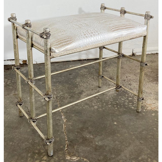 Maitland - Smith Vintage Maitland-Smith Style Vanity Stool With Metallic Croc Print Upholstery For Sale - Image 4 of 11