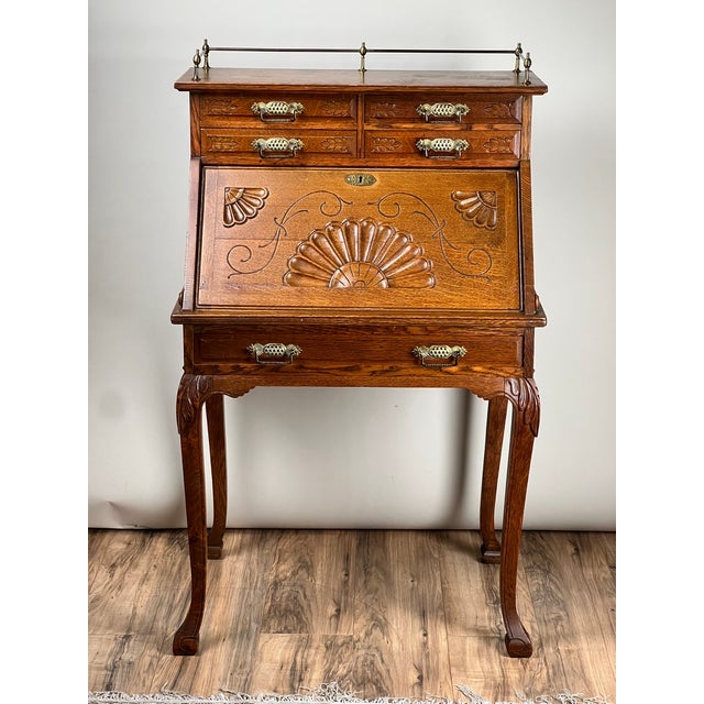 Victorian Antique Victorian Oak Ladies Writing Desk C. 1900 For Sale - Image 3 of 11
