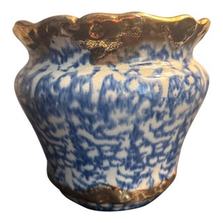Antique Blue Brown American Art Pottery Spongeware Jardiniere Copper Luster 1900 For Sale