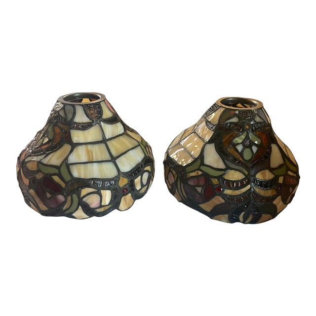Late 20th Century Tiffany Style Stained Glass Pendant Light Shades Floral Leaded Glass - a Pair For Sale