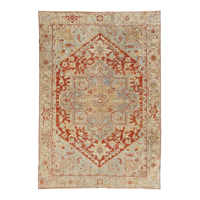 Antique Persian Heriz Wool Rug Handmade in Rust With Medallion Motif For Sale