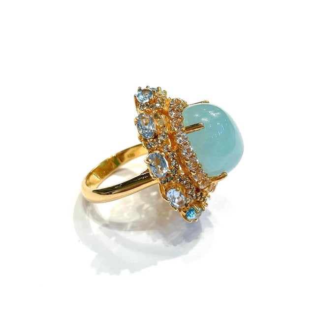 Bochic "Capri" Aquamarine & Blue Topaz Cocktail Ring Set In 18K Gold & Silver Natural Aquamarine - 16 Carats Natural Blue...