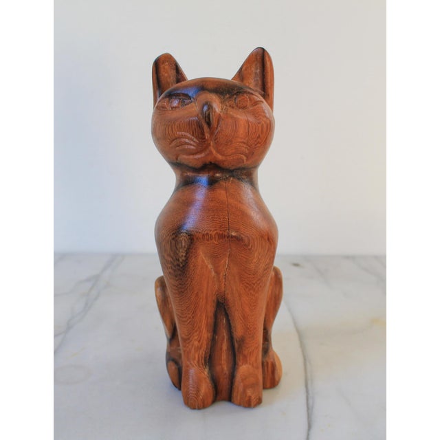 Mid-Century Modern Mid-Century Hand-Carved Solid Wood Vintage Cat Sculpture For Sale - Image 3 of 10