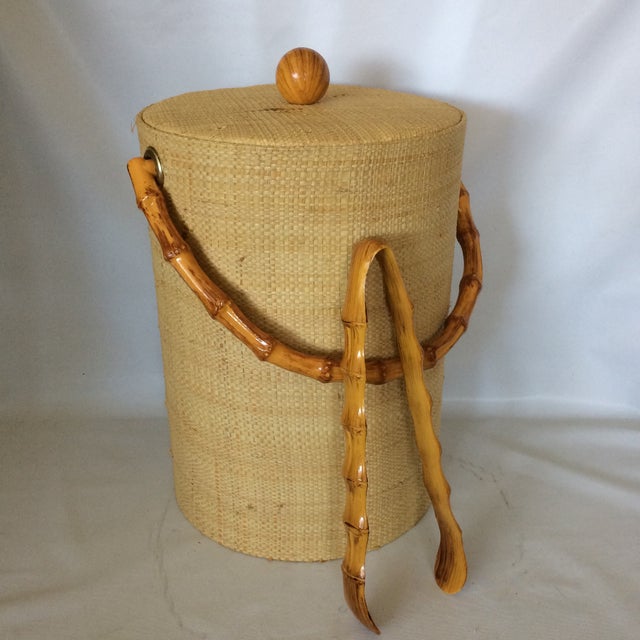 Vintage Large Wicker Ice Bucket With Bamboo Handle and Ice Tongs Chairish
