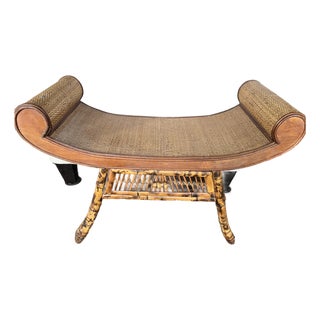 Vintage Asian Style Burnt Bamboo Scroll Arms Bench For Sale