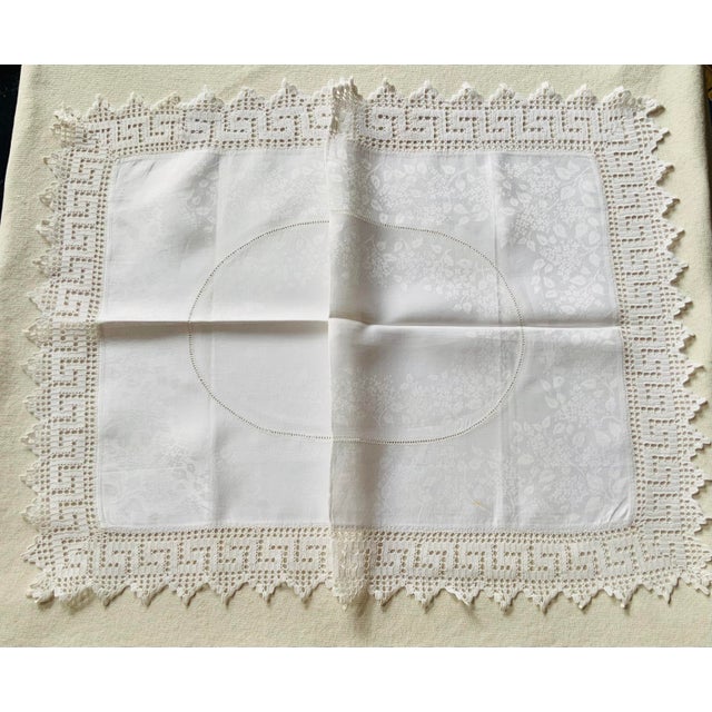 Antique Linen Tea Cloth With Greek Key Lace Border & Woven Medallion Center — Early 20th C. For Sale - Image 12 of 18