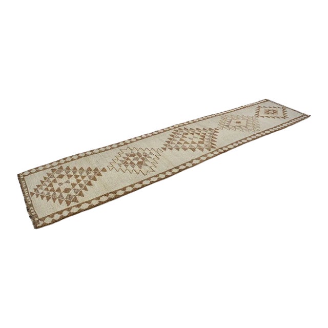 Vintage Turkish Rug, Japandi Style Neutral Geometric Runner For Sale