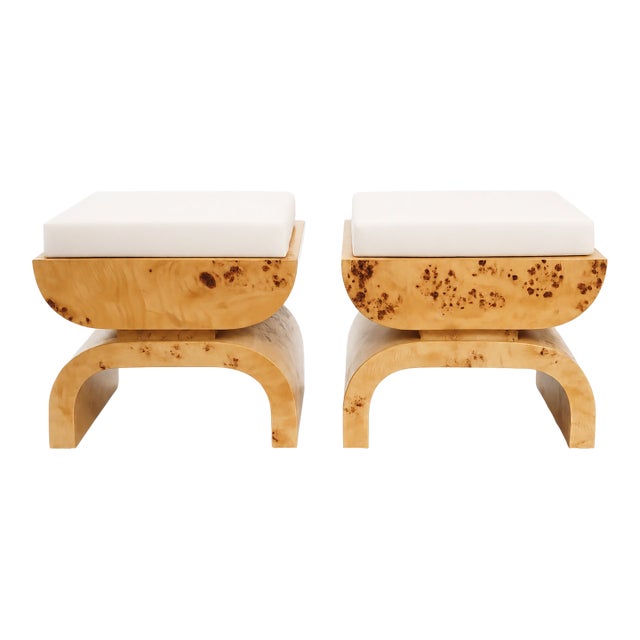 Attributed Matthew Izzo Home Biggs Burlwood Stool With Linen Cushions, Pair Of For Sale