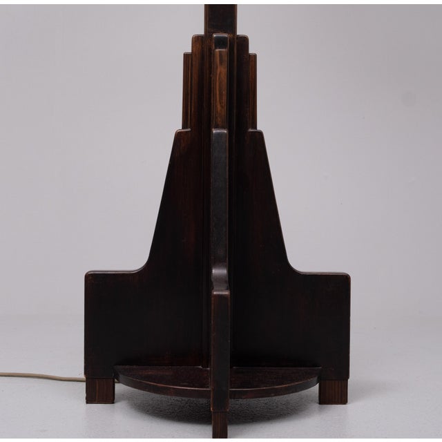 Very nice architectural shaped Floor lamp, Amsterdamse School style. Dutch Art Deco from 1920s. Solid Oak wood with...