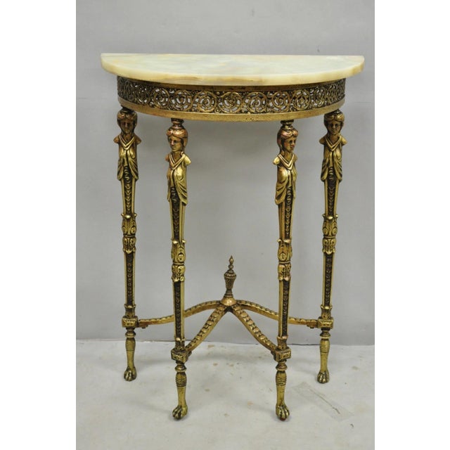Antique Gothic Revival Oscar Bach Style Figural Bronze & Onyx Console Side Table For Sale - Image 14 of 15