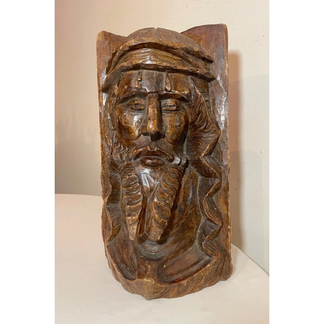 Large Antique Hand Carved Wood Folk Art Religious Jesus Christ Sculpture Bust For Sale - Image 4 of 13