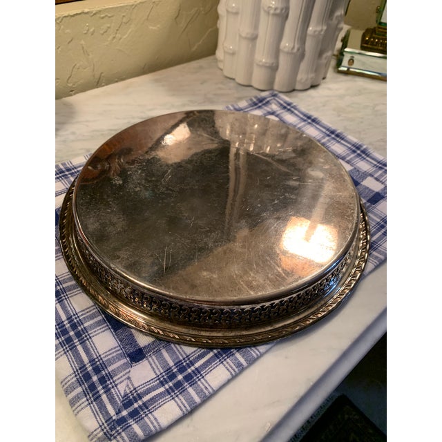 Metal Vintage Round Gallery Silver Tray For Sale - Image 7 of 9