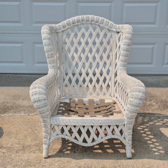 Late 20th Century Late 20th Century Vintage White Wicker Large Wingback Lounge Chair W/ Toile Cushions For Sale - Image 5 of 15