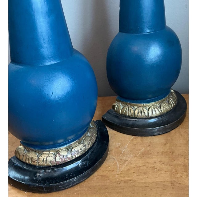 Vintage Blue Gilt Accented Table Wood Half Lamps - Pair For Sale - Image 10 of 11