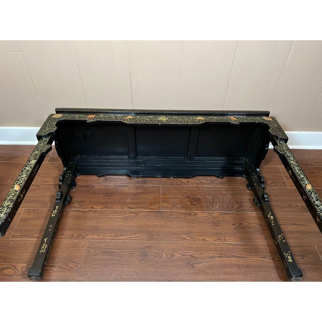 Vintage Chinese Console Table Black Lacquer Chinoiserie Gilt Hand Painted C1950 For Sale - Image 18 of 18