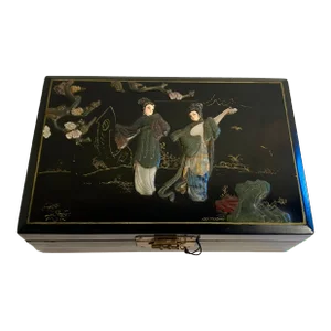 Vintage Asian Lacquer Box With Mother-Of-Pearl and Stone Decoration