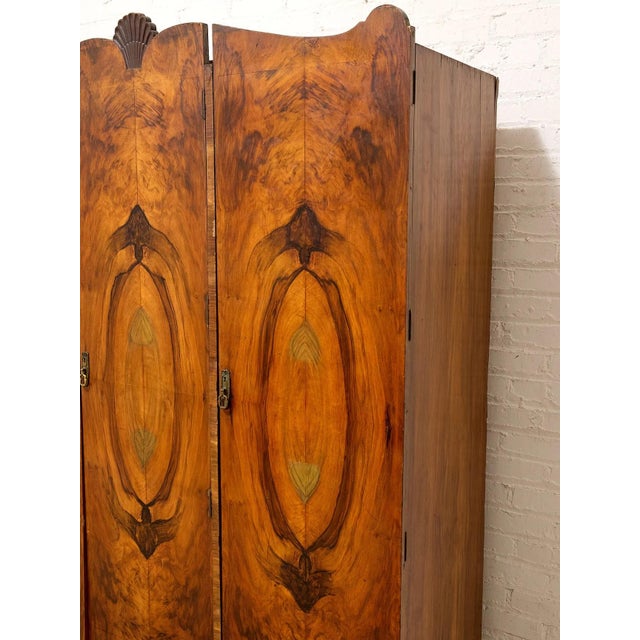 Art Deco Vintage Art Deco Burl Wood Wardrobe Armoire With Hand-Painted Botanical Doors For Sale - Image 3 of 9