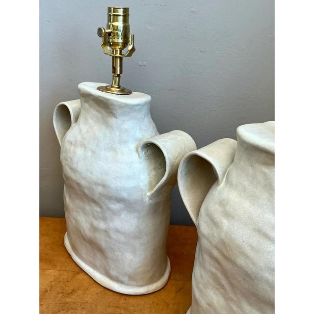 Early 21st Century Vintage Biomorphic Double Handled Studio Pottery Lamps - a Pair For Sale - Image 5 of 12